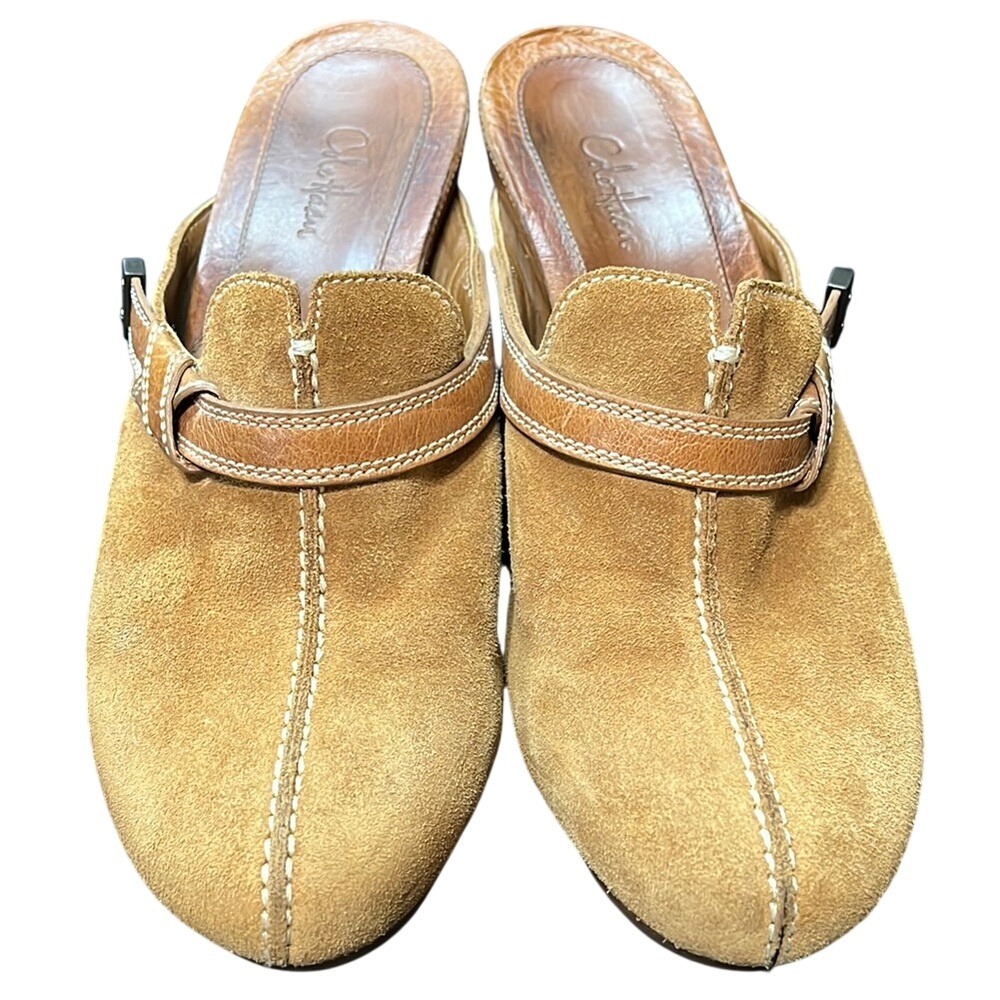 Cole Haan Suede Mules Wood Wedge 3.5" Heel Clogs Slip-Ons Tan Shoes Brazilian‎ - Picture 2 of 8